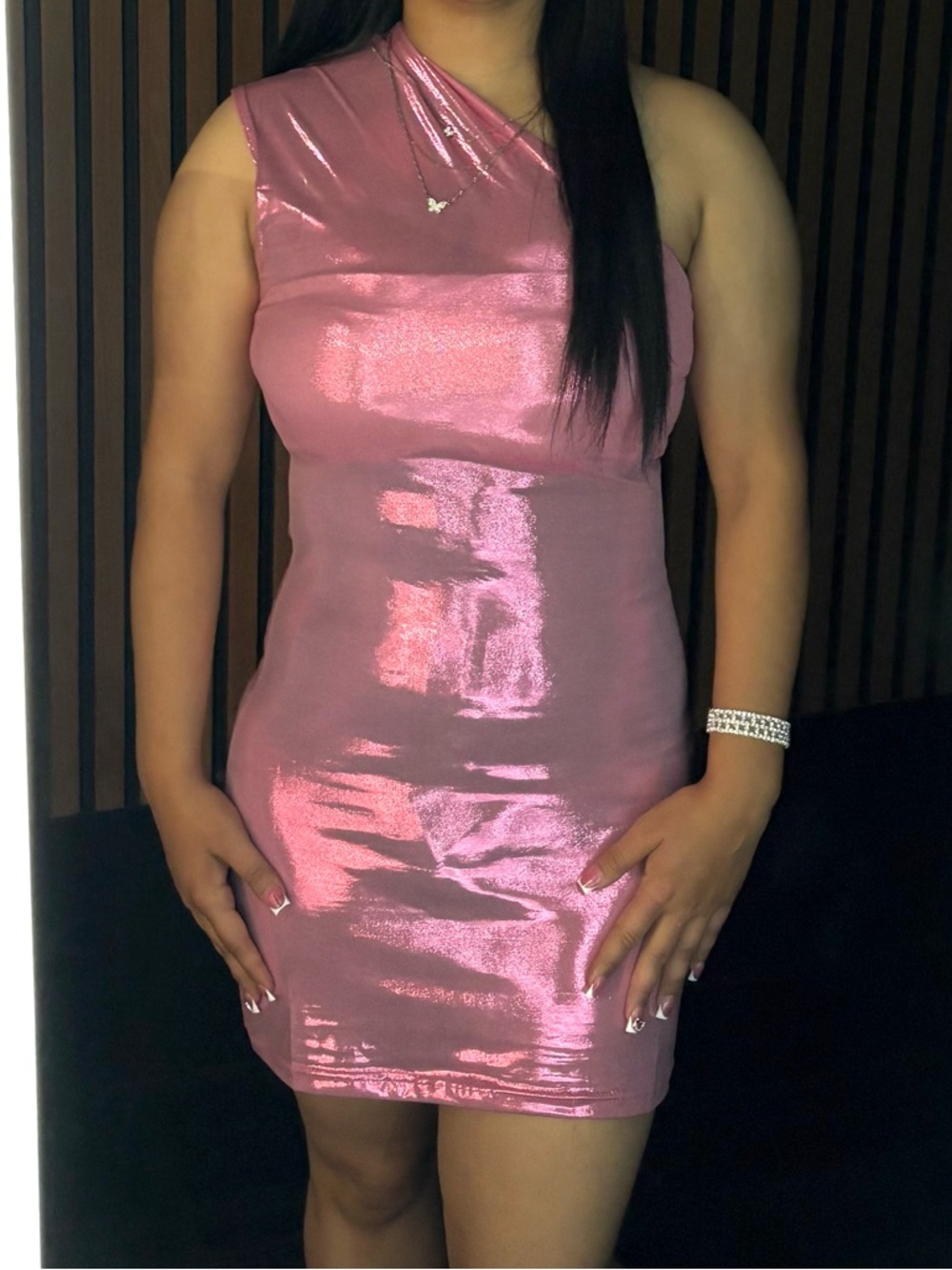 Shimmery Pink One-Shoulder Mini Dress